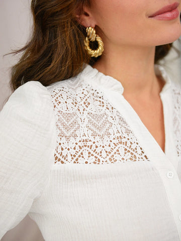 Frenchy Guipure Lace Insert Lantern Sleeve Blouse