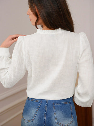 Frenchy Guipure Lace Insert Lantern Sleeve Blouse