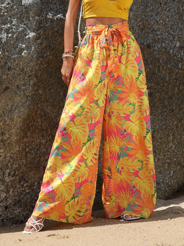 VCAY Tropical Print Tie Front Wide Leg Pants
