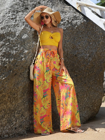 VCAY Tropical Print Tie Front Wide Leg Pants