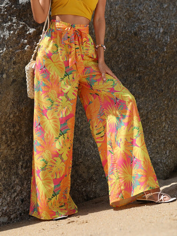 VCAY Tropical Print Tie Front Wide Leg Pants