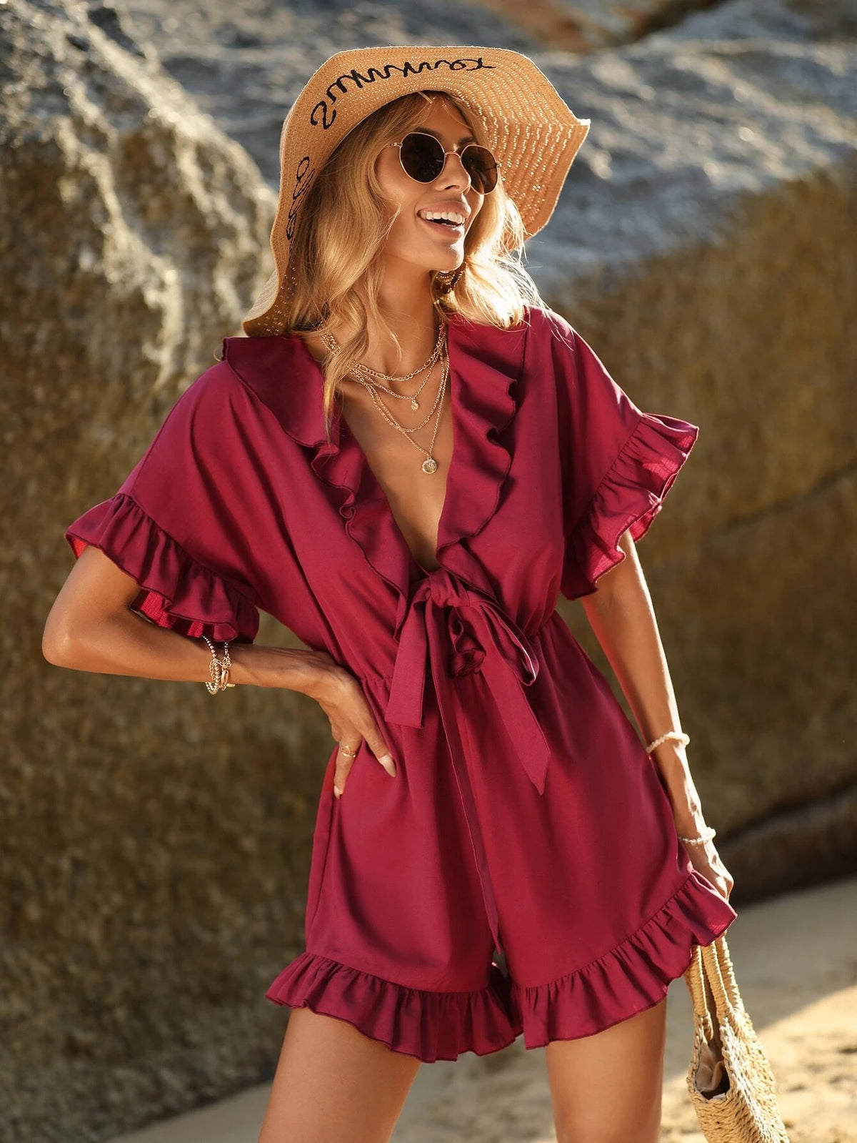 VCAY Ruffle Trim Knot Front Romper