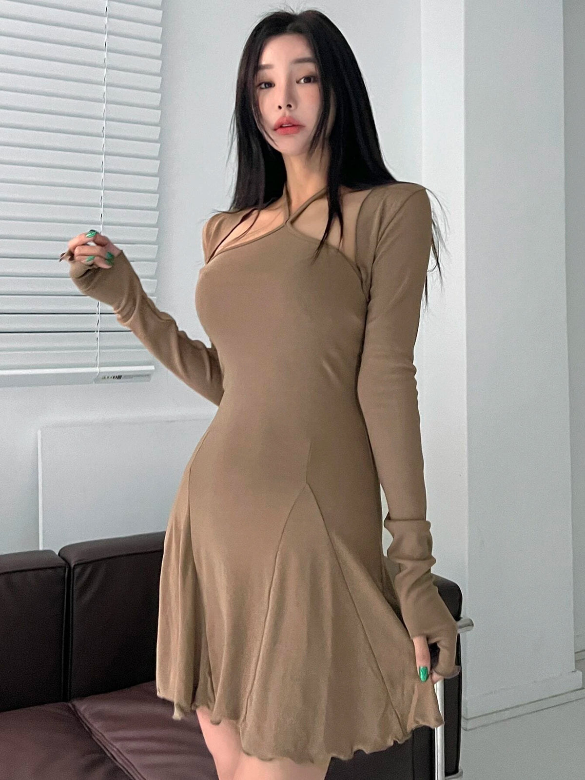DAZY Solid Open Front Top & Lettuce Trim Halter Dress