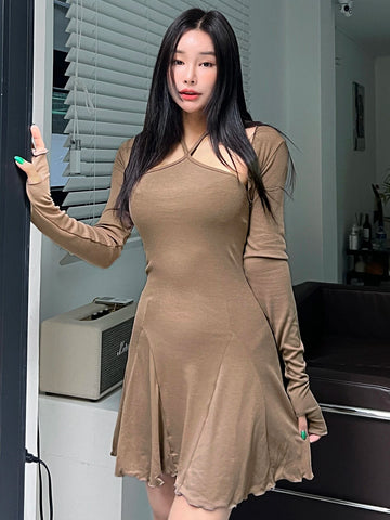 DAZY Solid Open Front Top & Lettuce Trim Halter Dress