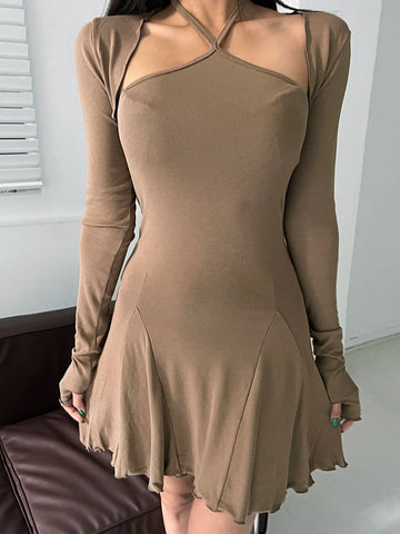 DAZY Solid Open Front Top & Lettuce Trim Halter Dress