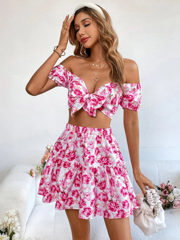 VCAY Floral Print Off Shoulder Crop Top & Skirt