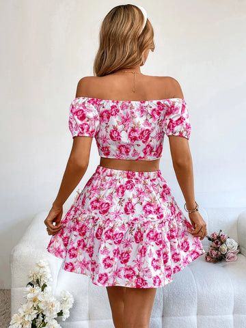 VCAY Floral Print Off Shoulder Crop Top & Skirt