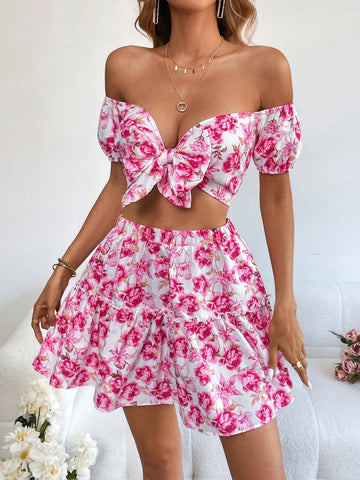 VCAY Floral Print Off Shoulder Crop Top & Skirt