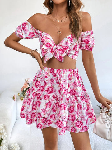 VCAY Floral Print Off Shoulder Crop Top & Skirt