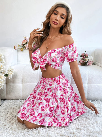 VCAY Floral Print Off Shoulder Crop Top & Skirt