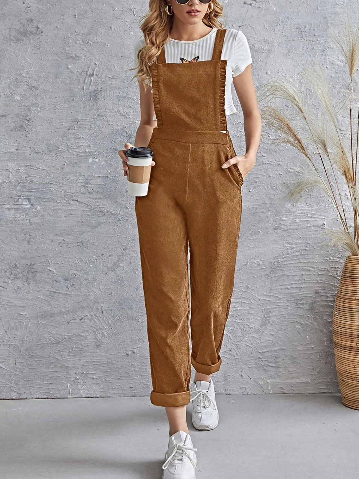 Frill Trim Pocket Front Cord Overalls