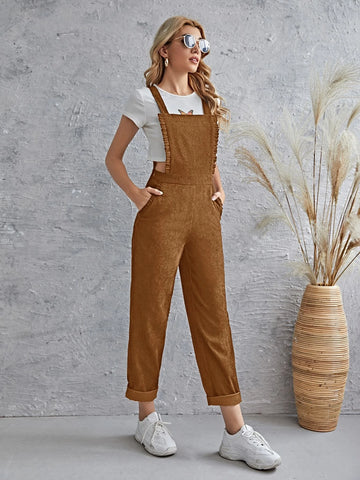Frill Trim Pocket Front Cord Overalls