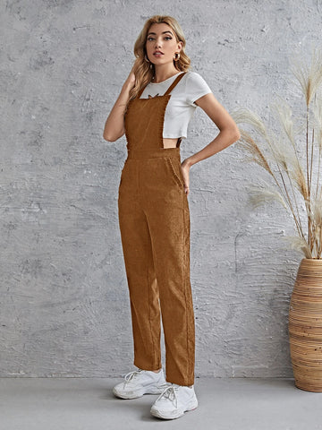 Frill Trim Pocket Front Cord Overalls