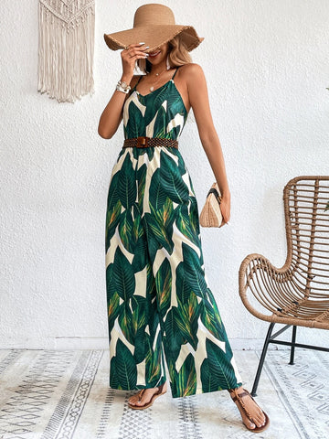 VCAY Tropical Print Wide Leg Cami Jumpsuit Without Belt