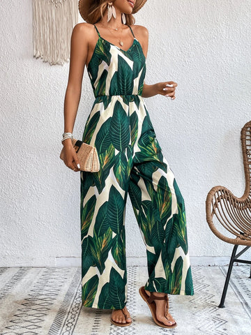 VCAY Tropical Print Wide Leg Cami Jumpsuit Without Belt