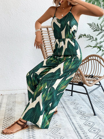 VCAY Tropical Print Wide Leg Cami Jumpsuit Without Belt