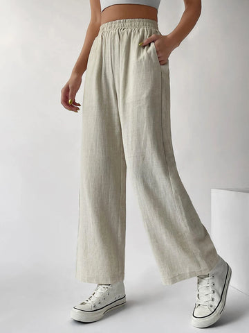 EZwear Elastic Waist Pocket Patched Wide Leg Pants