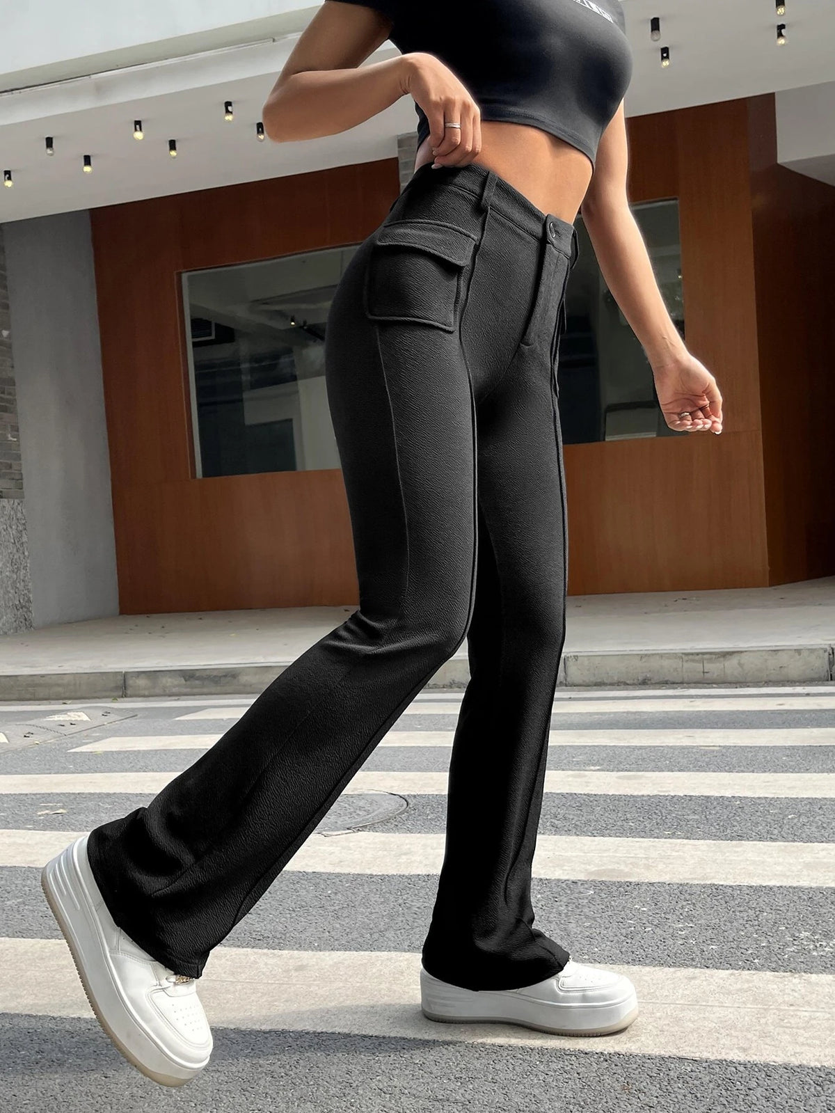 Flap Pocket Flare Leg Pants