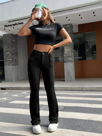 Flap Pocket Flare Leg Pants