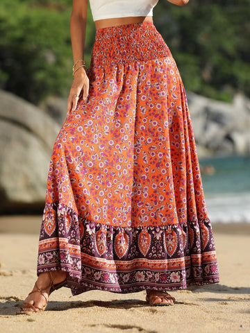 VCAY Floral Print Shirred Wide Waistband Ruffle Hem Skirt