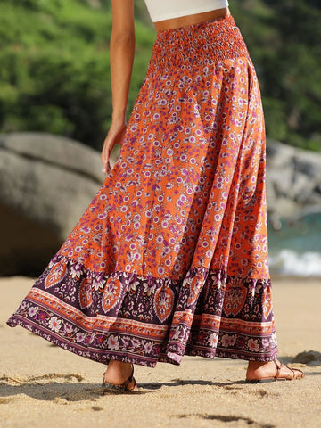 VCAY Floral Print Shirred Wide Waistband Ruffle Hem Skirt