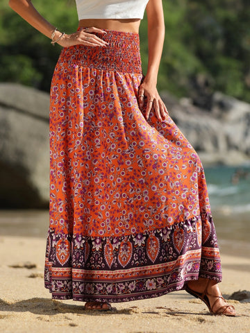 VCAY Floral Print Shirred Wide Waistband Ruffle Hem Skirt