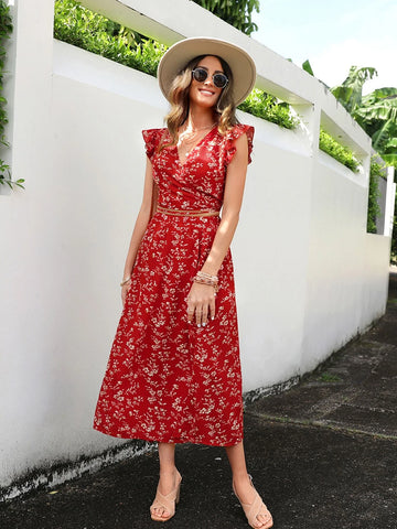 EMERY ROSE Floral Print Wrap Tie Back Top & Skirt