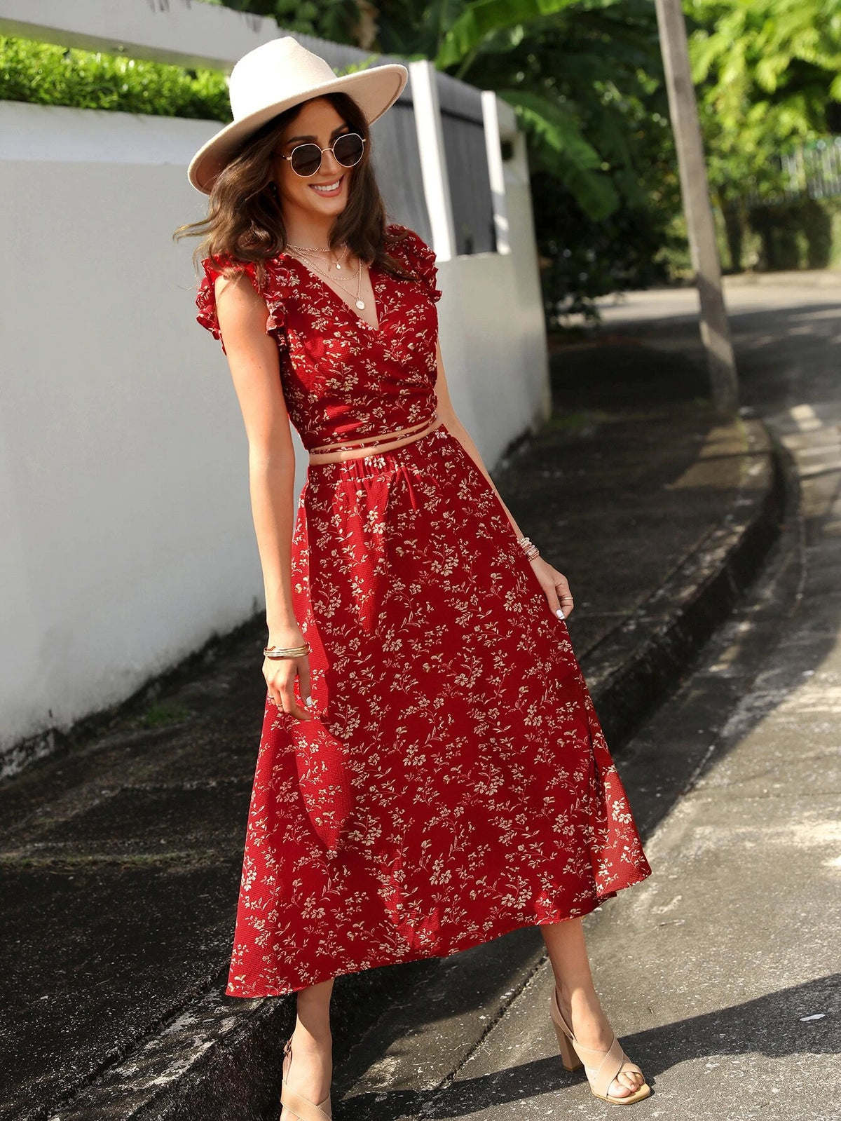 EMERY ROSE Floral Print Wrap Tie Back Top & Skirt