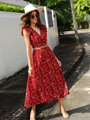 EMERY ROSE Floral Print Wrap Tie Back Top & Skirt