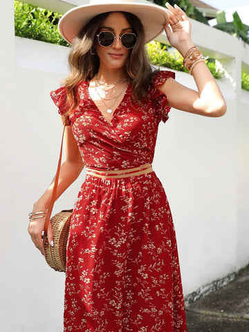 EMERY ROSE Floral Print Wrap Tie Back Top & Skirt