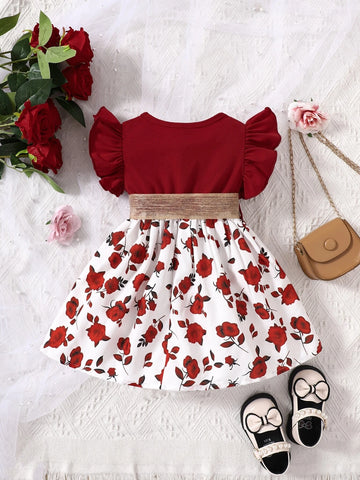 Baby Floral Print Ruffle Trim Belted Dress