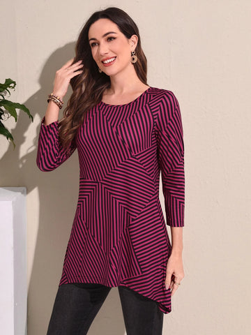 EMERY ROSE Striped Print Asymmetrical Hem Tee