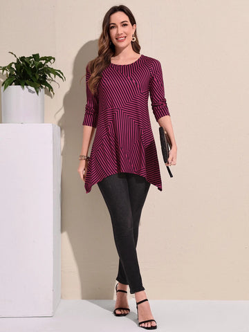 EMERY ROSE Striped Print Asymmetrical Hem Tee