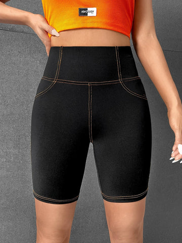 EZwear Top-stitching Patched Detail Wideband Waist Biker Shorts