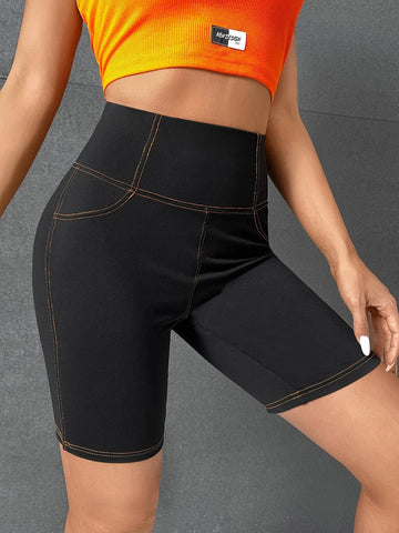 EZwear Top-stitching Patched Detail Wideband Waist Biker Shorts