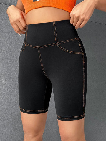 EZwear Top-stitching Patched Detail Wideband Waist Biker Shorts