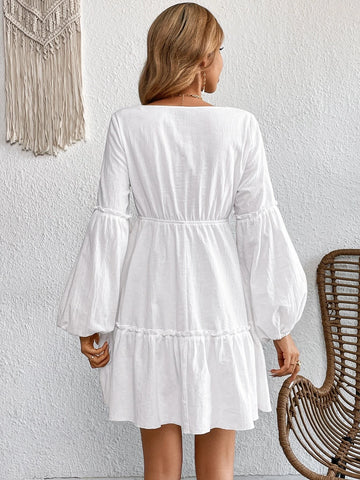 VCAY Plunging Neck Lantern Sleeve Ruffle Hem Dress