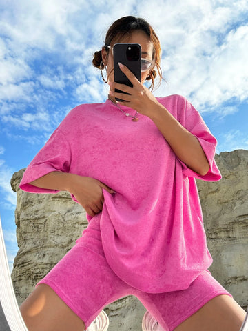 EZwear Solid Drop Shoulder Tee & Biker Shorts