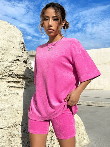EZwear Solid Drop Shoulder Tee & Biker Shorts