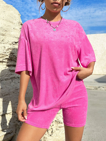 EZwear Solid Drop Shoulder Tee & Biker Shorts