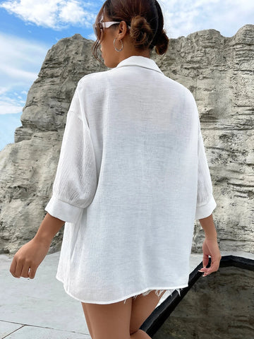 EZwear Solid Drop Shoulder Button Front Beach Shirt