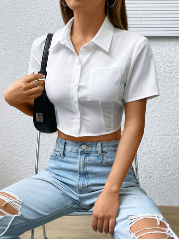 Patched Pocket Button Up Crop Shirt