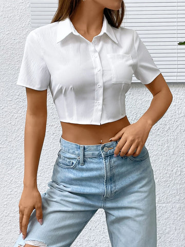 Patched Pocket Button Up Crop Shirt