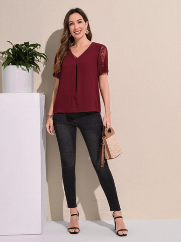 EMERY ROSE Contrast Lace Sleeve Blouse