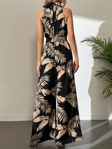 Tall Tropical Print Belted Wide Leg Jumpsuit