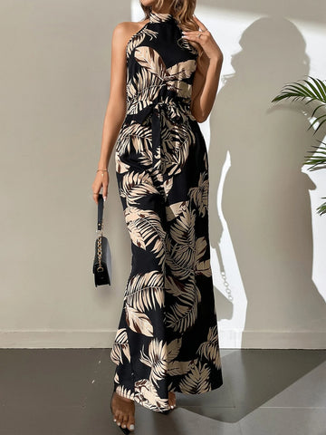 Tall Tropical Print Belted Wide Leg Jumpsuit