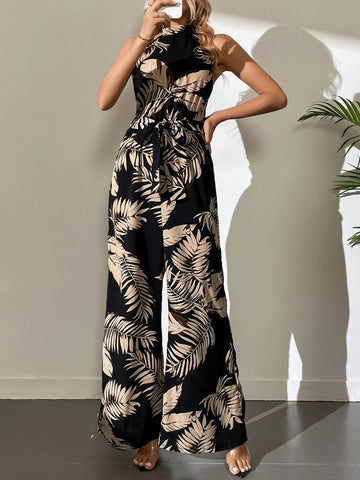 Tall Tropical Print Belted Wide Leg Jumpsuit