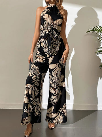 Tall Tropical Print Belted Wide Leg Jumpsuit
