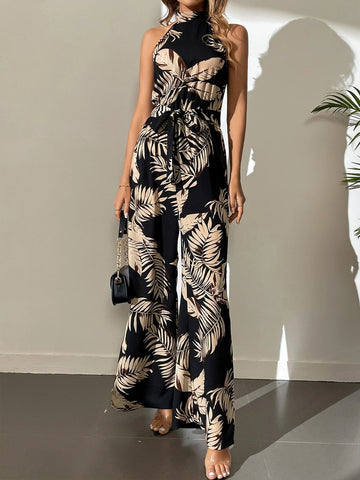 Tall Tropical Print Belted Wide Leg Jumpsuit