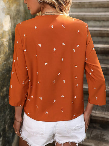 Graphic Print Roll Up Sleeve Blouse